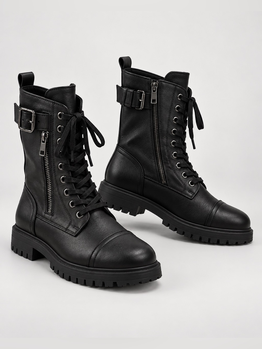 Dream Pairs Black Lace-Up Combat Booties with Buckle & Side Zip